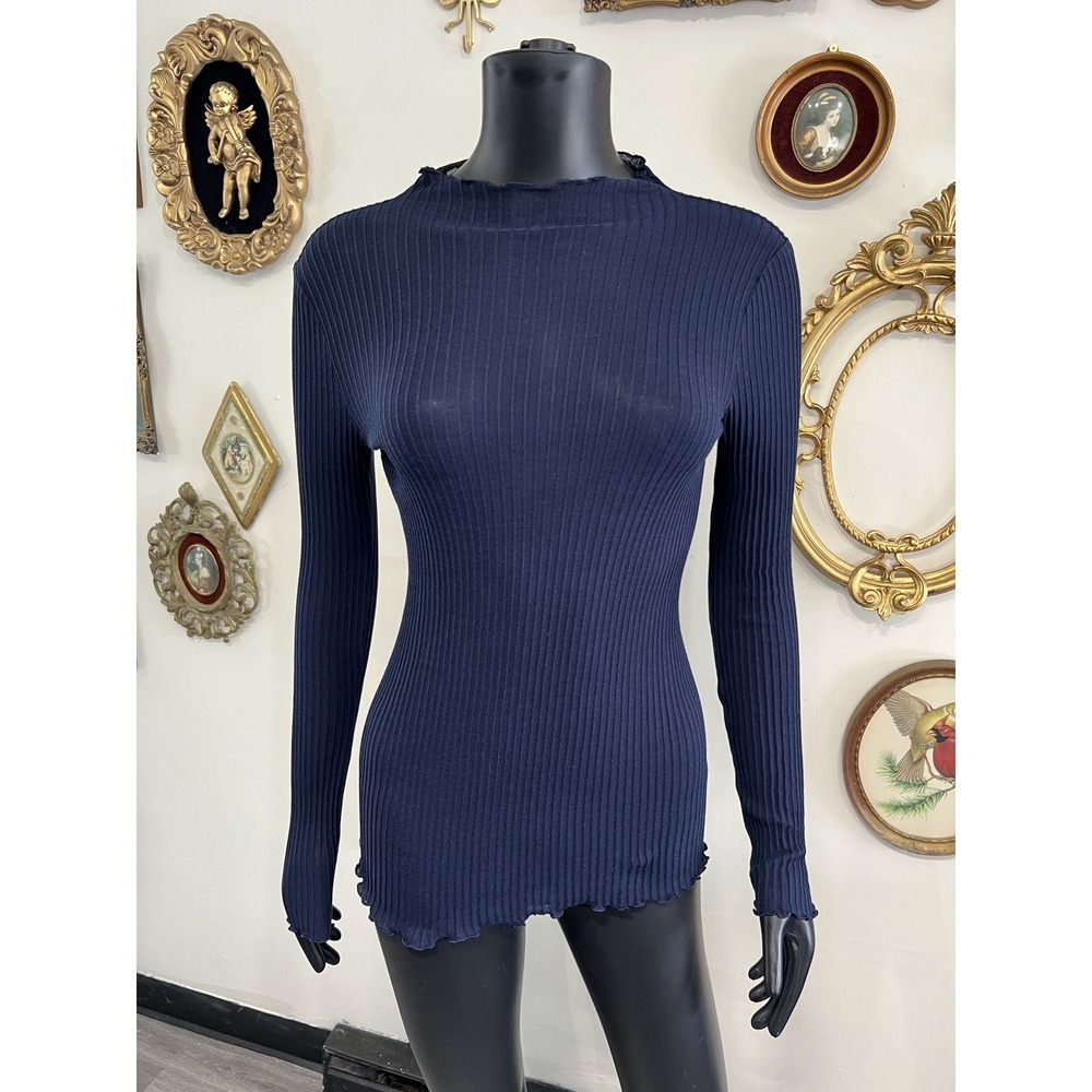 Theory Navy Blue Funnel-Neck Ribbed Top Size M/L